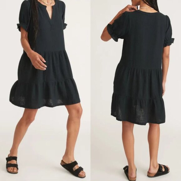 Marine Layer - Jamie Mini Dress Short Sleeve Puff Sleeves | Medium | Black Navy - Picture 1 of 12
